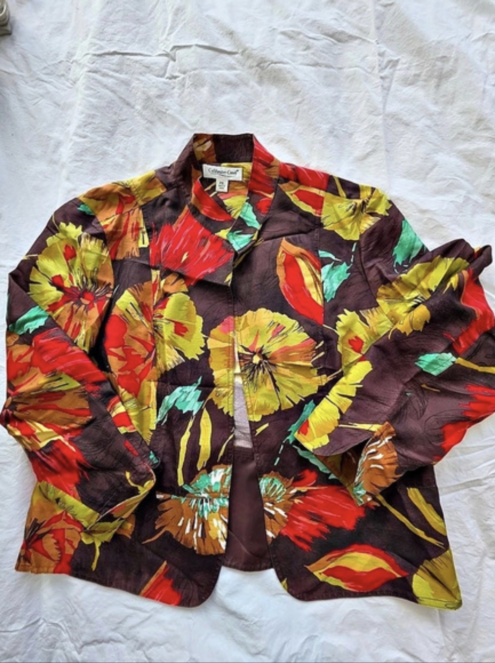 Coldwater Creek Floral Silk Blazer in Brown & Red Size XL Petite